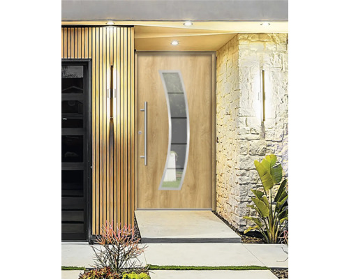 Haustür mit Holzoptik und Glaseinsatz