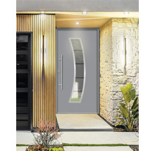 Moderne Haustür mit Glaseinsatz und Seitenelement in einem hellen Eingangsbereich