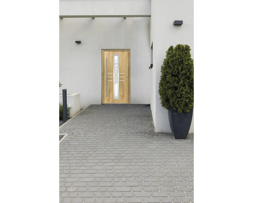 Hausfassade mit Haustür und Pflastersteinen
