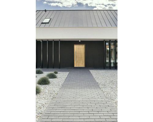 Modernes Haus mit Haustür, gepflastertem Weg und Kiesbeet