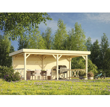 Holz Pavillon mit Grill, Tisch und Stühlen im Garten