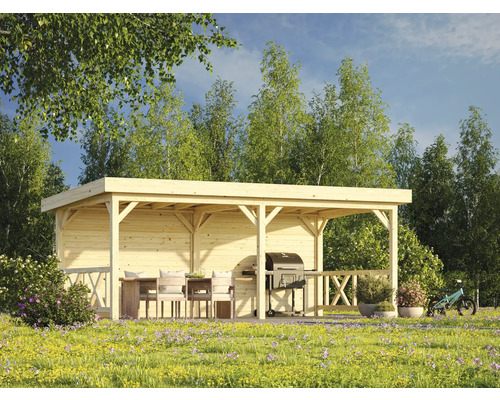 Pavillon Palmako Lenna 16,6 m² Set 308 inkl. Rückwand und Geländer 588 x 300 cm tauchimprägniert Holz Pavillon mit Grill und Sitzgruppe im Garten