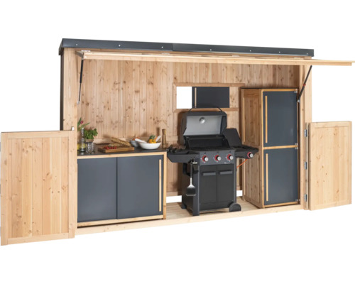 Cuisine d''extérieur en bois avec barbecue à gaz, plan de travail et espace de rangement.