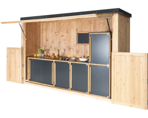 Cuisine d''extérieur en bois avec plan de travail et placards