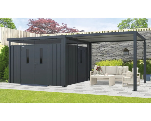 Scène de jardin avec abri de jardin et pergola avec coin salon