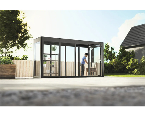 Gewächshaus SunGarden Infinity 4.1 Kunststoff 6 mm 443 x 129 cm anthrazit Gartenhaus mit Glasschiebetüren, Regal und Gartenmöbeln