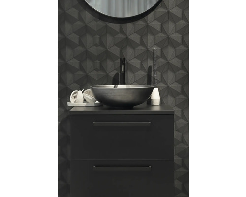 Badezimmer mit Waschtischunterschrank, Aufsatzwaschbecken und 3D-Wandpaneelen