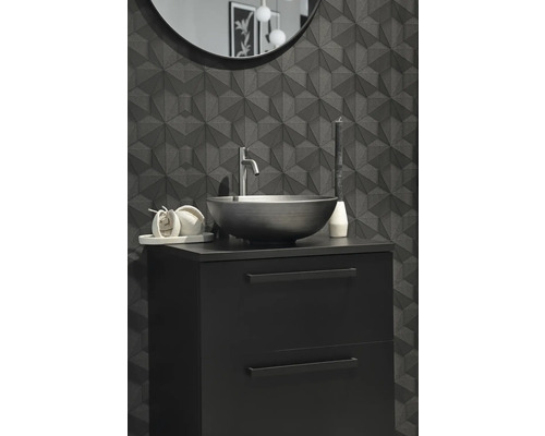 Modernes Badezimmer mit einem Waschbeckenunterschrank, einem Aufsatzwaschbecken und einer geometrischen Wandverkleidung