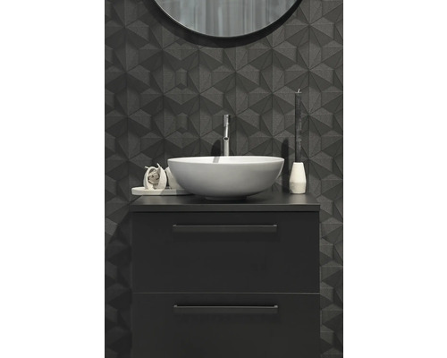 Ensemble de salle de bains moderne avec vasque à poser, meuble sous-vasque avec tiroirs et mur structuré