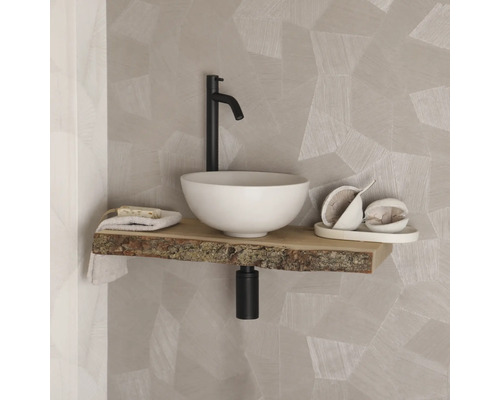 Meuble-lavabo avec plateau en bois, vasque à poser et robinetterie