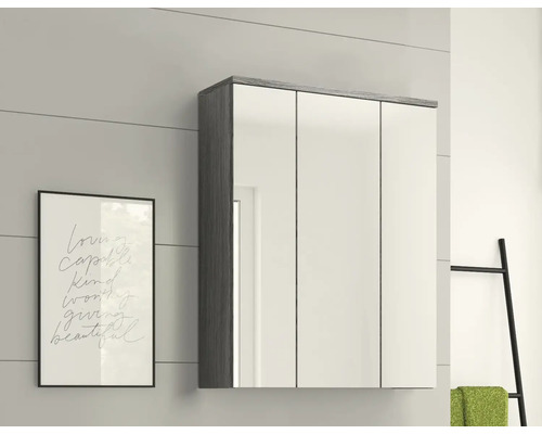 Aménagement de salle de bains avec armoire de toilette, décoration et porte-serviettes