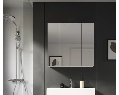 Badezimmer mit Duscharmatur, Waschbecken und Spiegelschrank