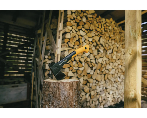 Merlin à fendre sur une bûche devant une pile de bois
