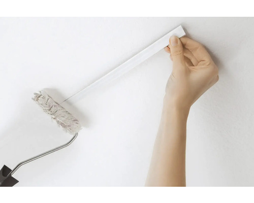 Une personne utilise un rouleau à peinture avec un manche télescopique pour peindre un mur.