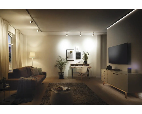 Wohnzimmer mit Sofa, Schreibtisch, Kommode, Teppich und Deckenbeleuchtung