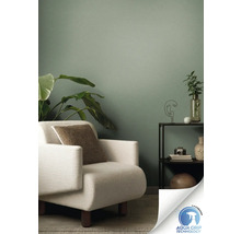 Salon avec fauteuil, plantes d''intérieur et étagère devant un mur doté de la technologie Aqua Grip