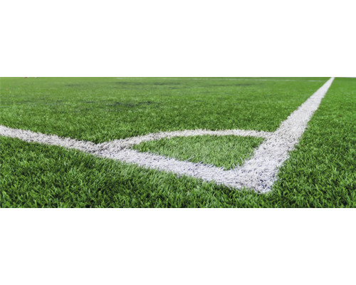 Nahaufnahme eines Fussballfeldes mit Rasen und Eckmarkierung