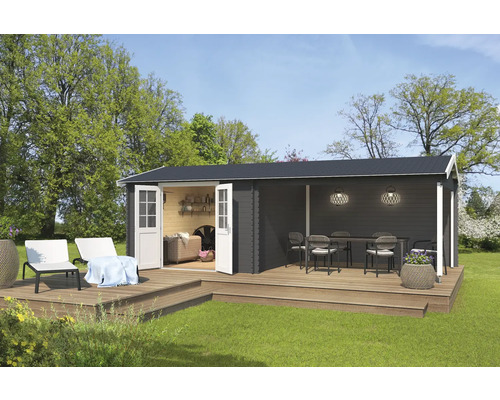 Abri de jardin Outdoor Life Amarillo avec avancée de toit avec paroi arrière 730 x 388,5 cm gris carbone Maison de jardin en bois avec terrasse et mobilier de jardin à l''extérieur