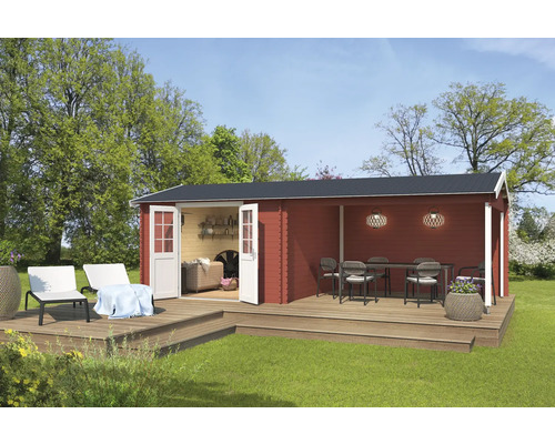 Abri de jardin Outdoor Life Amarillo avec avancée de toit avec paroi arrière 730 x 388,5 cm rouge de falun Abri de jardin avec terrasse, mobilier de jardin et portes ouvertes.