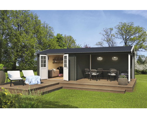 Abri de jardin Outdoor Life Amarillo avec avancée de toit avec paroi arrière 730 x 388,5 cm gris vert Abri de jardin avec terrasse et mobilier de jardin à l''extérieur.