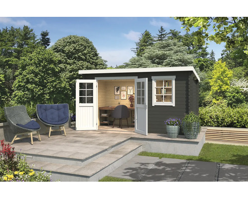 Abri de jardin Outdoor Life Amira 400 x 213,1 cm gris vert Jardin avec cabane de jardin en bois, mobilier de jardin et plantes