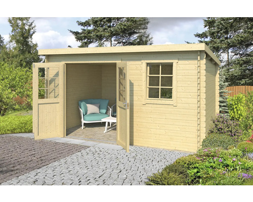 Abri de jardin Outdoor Life Amira 400 x 268,7 cm nature Abri de jardin en bois avec porte double et fenêtre dans le jardin