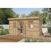 Abri de jardin avec fenêtre et double porte sur terrasse en bois