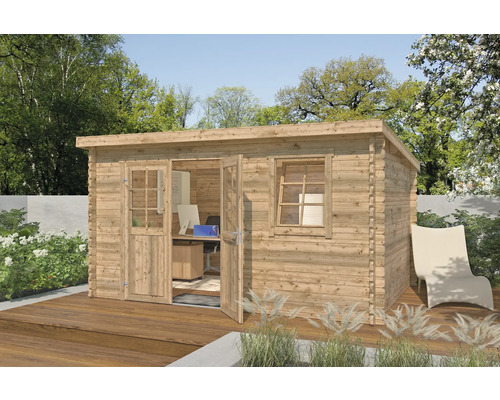 Abri de jardin Outdoor Life Amira 400 x 268,7 cm brun imprégné Abri de jardin avec fenêtre et double porte sur terrasse en bois