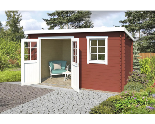Abri de jardin Outdoor Life Amira 400 x 313,9 cm rouge de falun Abri de jardin en bois avec fenêtre et double porte ouverte