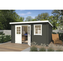 Abri de jardin avec porte double et fenêtre sur terrasse en bois