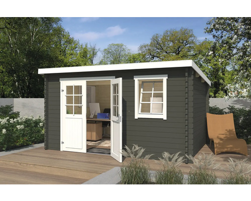 Abri de jardin Outdoor Life Amira 400 x 313,9 cm gris vert Abri de jardin avec porte double et fenêtre sur terrasse en bois
