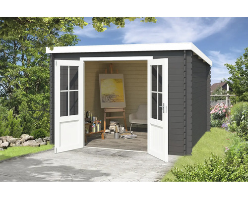 Abri de jardin Outdoor Life Atlanta 312 x 258,7 cm gris carbone Abri de jardin en bois avec portes doubles ouvertes, contenant un chevalet avec une toile