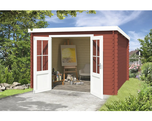 Abri de jardin Outdoor Life Atlanta 312 x 258,7 cm rouge de falun Abri de jardin avec portes doubles ouvertes, à l''intérieur chevalet et matériel de peinture