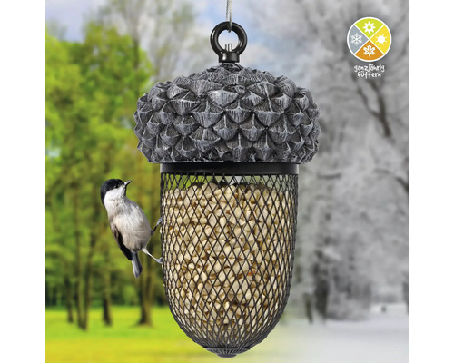 Mangeoire à oiseaux en forme de gland avec symbole d''alimentation toute l''année
