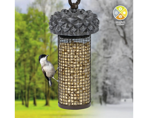 Distributeur de nourriture pour oiseaux avec toit de protection et treillis pour cacahuètes