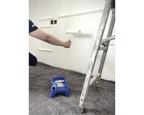 Une personne peint un mur avec un rouleau à peinture, un bac à peinture et une échelle sont également visibles sur l''image.