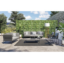 Un ensemble de salon avec canapé, fauteuil, table basse et tapis à l''extérieur devant un mur vert.