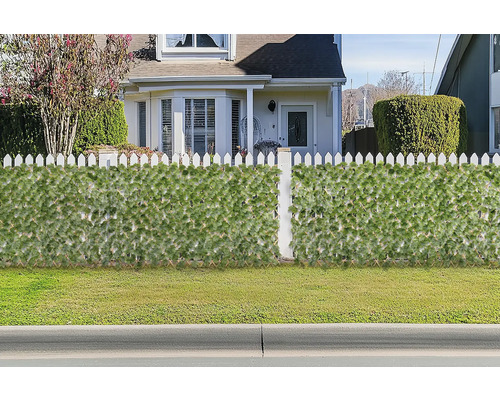 Brise-vue décoratif avec motifs végétaux devant une maison