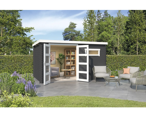 Abri de jardin Outdoor Life Augusta 400 x 254,9 cm gris carbone Abri de jardin moderne avec portes ouvertes et mobilier de jardin sur la terrasse