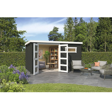 Abri de jardin avec portes doubles ouvertes, fenêtres et coin salon extérieur