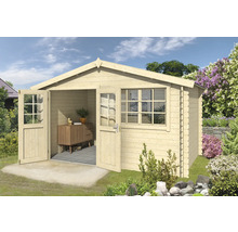 Abri de jardin en bois avec portes doubles ouvertes et fenêtre