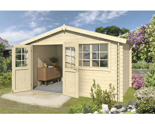 Abri de jardin Outdoor Life Axel 415,1 x 250 cm nature Abri de jardin en bois avec portes doubles ouvertes et fenêtre