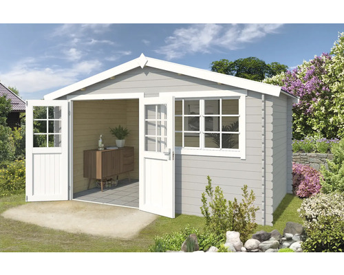 Abri de jardin Outdoor Life Axel 415,1 x 250 cm gris clair Abri de jardin avec double porte et fenêtre dans un jardin