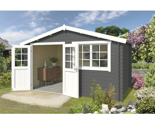 Abri de jardin Outdoor Life Axel 415,1 x 250 cm gris carbone Abri de jardin gris avec portes doubles ouvertes et fenêtre