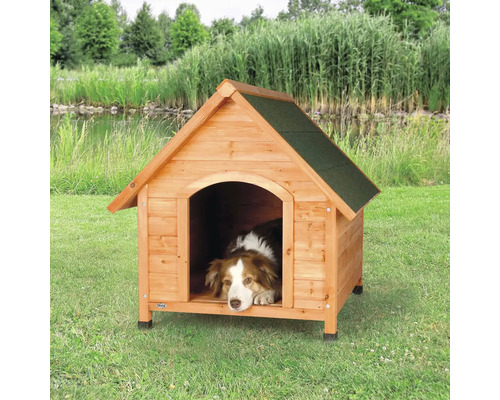 Holzhundehütte mit einem Hund davor im Garten.