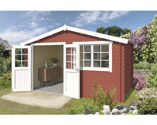 Abri de jardin Outdoor Life Axel 415,1 x 250 cm rouge de falun Abri de jardin en bois avec double porte et fenêtre dans le jardin