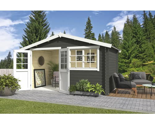 Abri de jardin Outdoor Life Axel 415,1 x 250 cm gris vert Abri de jardin moderne avec portes doubles ouvertes, fenêtres et mobilier de jardin sur une terrasse