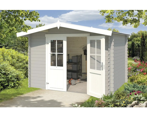 Abri de jardin Outdoor Life Baltimore 324 x 290 cm gris clair Abri de jardin avec portes doubles ouvertes, coupe-bordures et étagère à l''intérieur