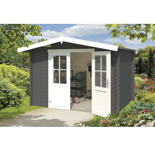 Abri de jardin avec portes doubles ouvertes, étagères et outils de jardin à l''intérieur.