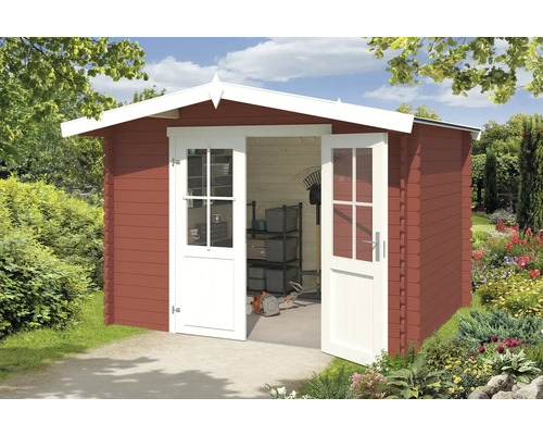 Abri de jardin Outdoor Life Baltimore 324 x 290 cm rouge de falun Abri de jardin avec portes doubles ouvertes et outils à l''intérieur